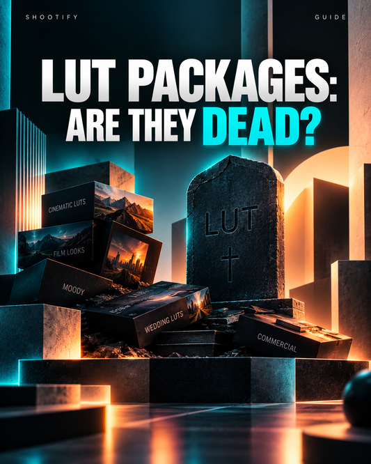 LUT Packages: Are They Dead? Cinematic LUT packs and film looks in a dark 3D scene with a LUT gravestone.