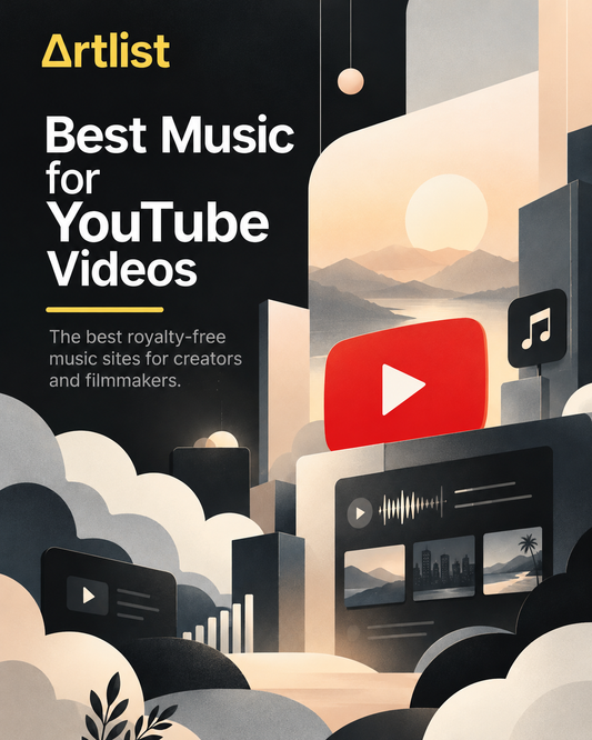 Best royalty-free music sites for YouTube videos – Artlist and YouTube illustration featuring music, audio waveforms and cinematic visuals.