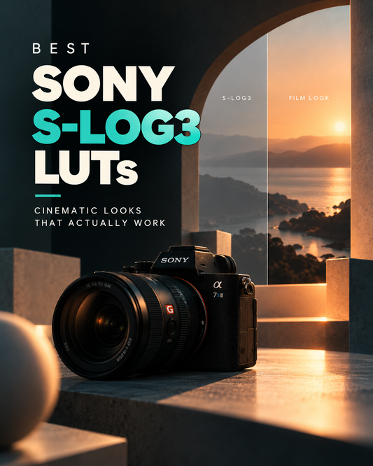 Best Sony S-Log3 LUTs for cinematic color grading featuring a Sony Alpha 7S III camera and before-and-after film looks